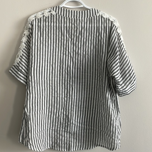 grey V Neck Lace Vertical Striped Blouse short sleeve linen top - Picture 5 of 7